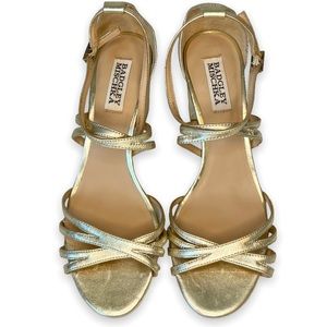 Badgley Mischka gold champagne chrome strappy Round Toe Prom block heels sz 7.5